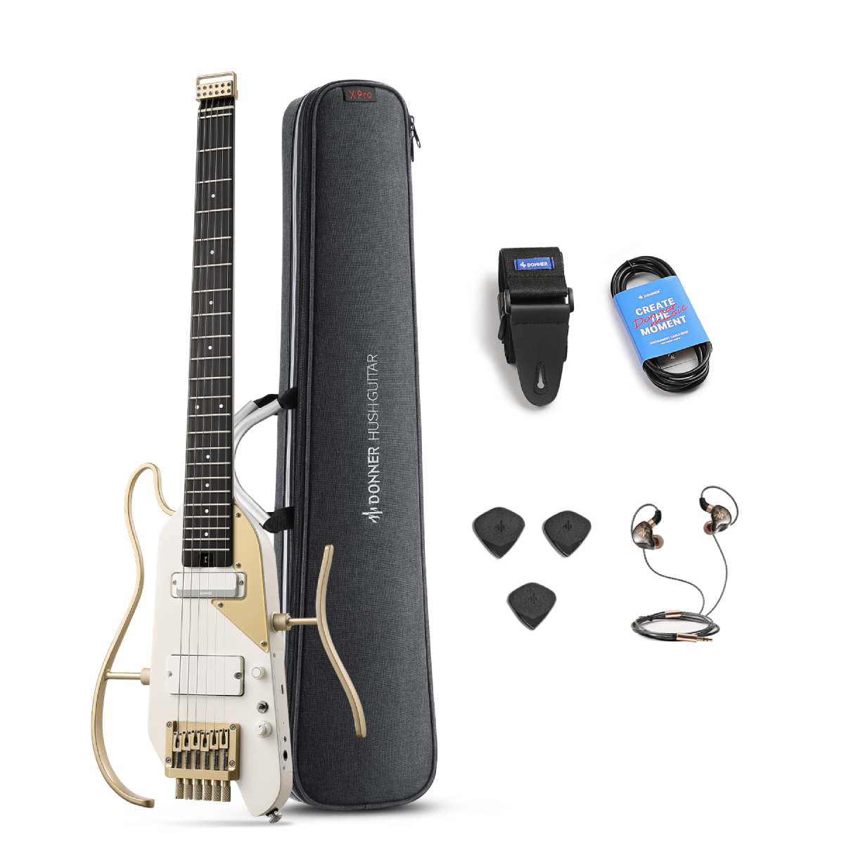 Donner HUSH X PRO Guitarra eléctrica de viaje White-Luxe