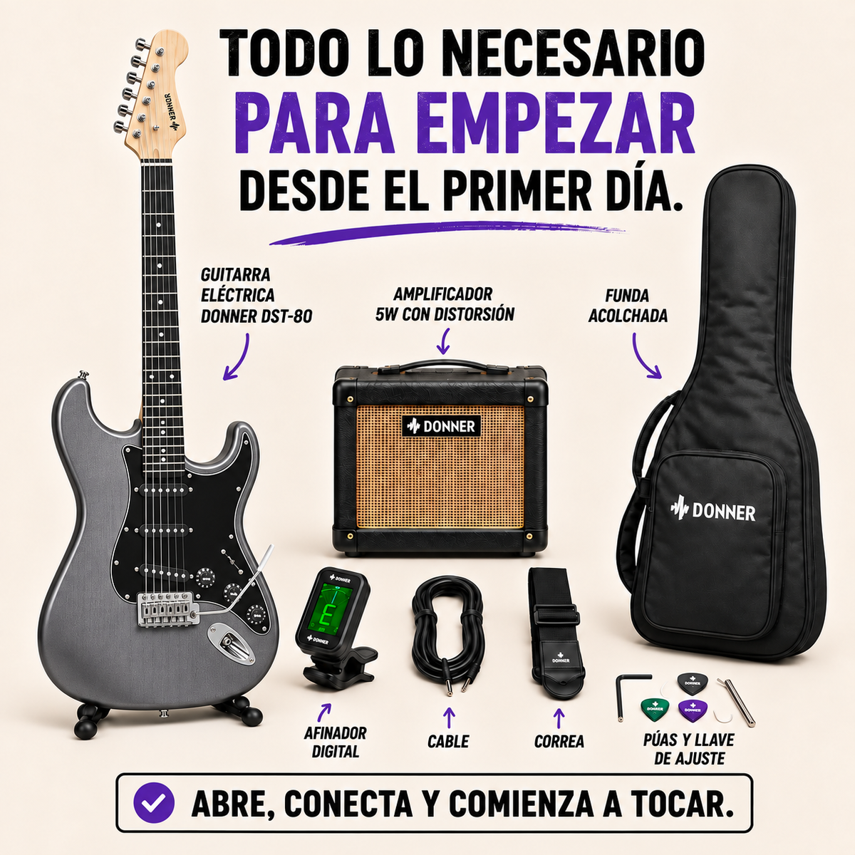 Donner DST-80 Pack Primer Acorde – Guitarra Eléctrica con Amplificador