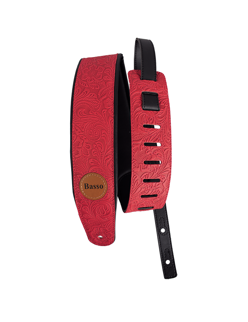 Basso® CUSTOM Cuero Floral Repujado Correa Guitarra 7cm Largo: 145cm | Rojo