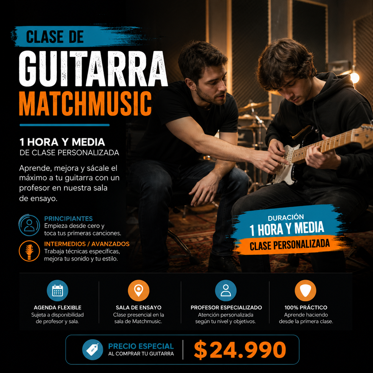 Clase de guitarra personalizada Matchmusic — 1,5 horas