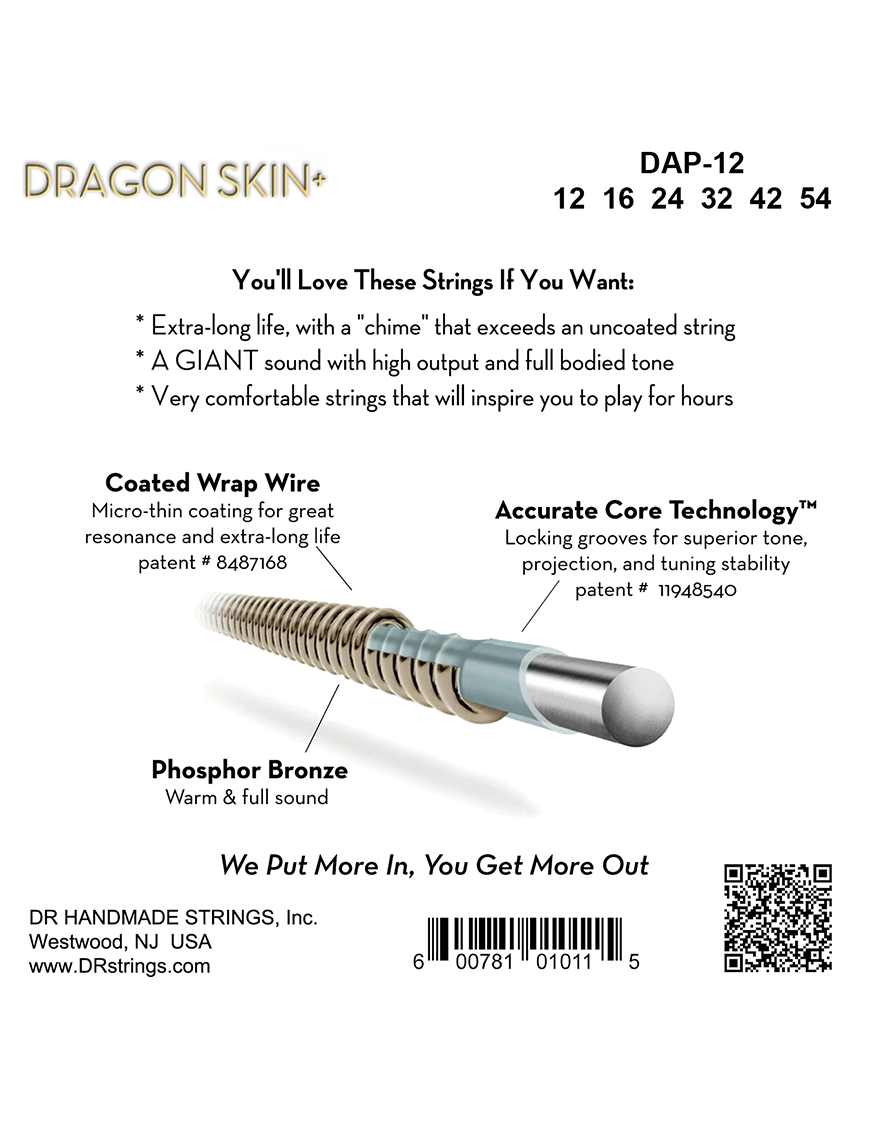 DR DRAGON SKIN+™ 12-54 Cuerdas Guitarra Acústica Phosphor Bronze Recubiertas