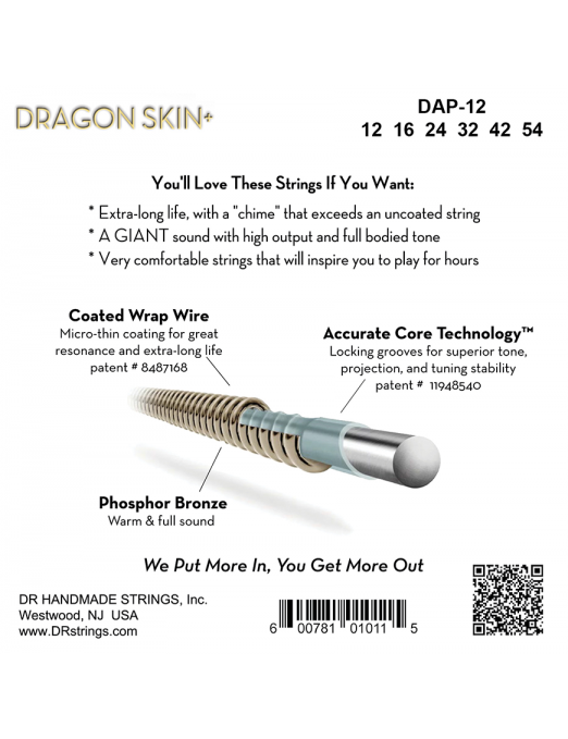 DR DRAGON SKIN+™ 12-54 Cuerdas Guitarra Acústica Phosphor Bronze Recubiertas