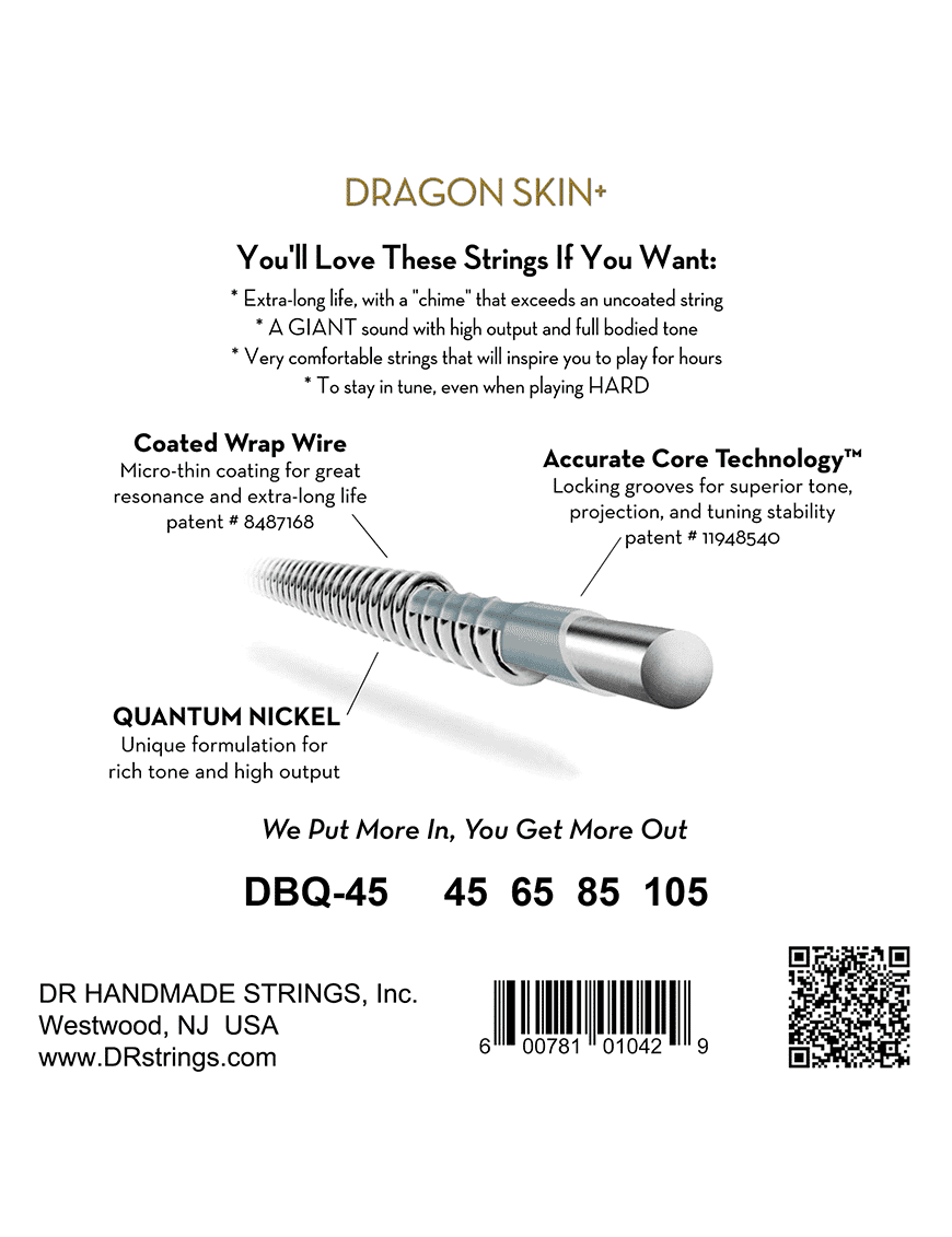Dr Dragon Skin+™ 45-105 Cuerdas Bajo Eléctrico Nickel Recubiertas