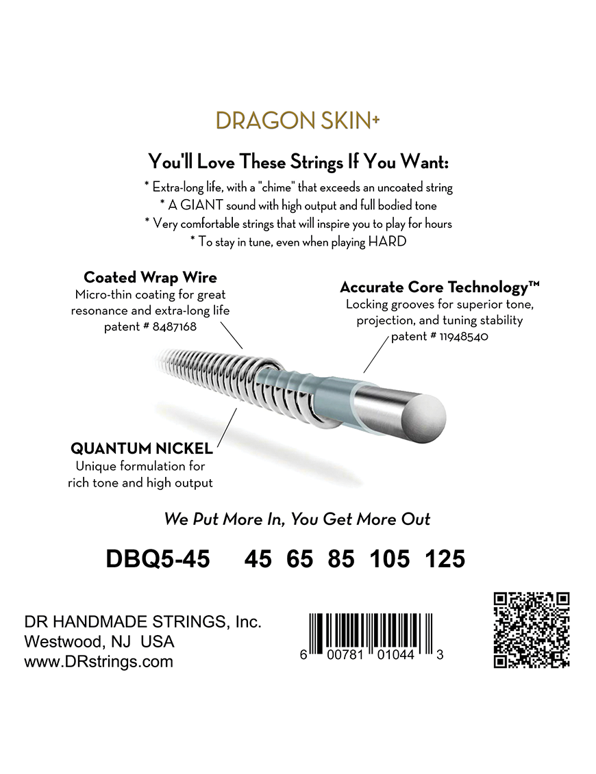 DR Dragon Skin+™ 45-125 Cuerdas Bajo Eléctrico 5 Cuerdas Nickel Recubiertas