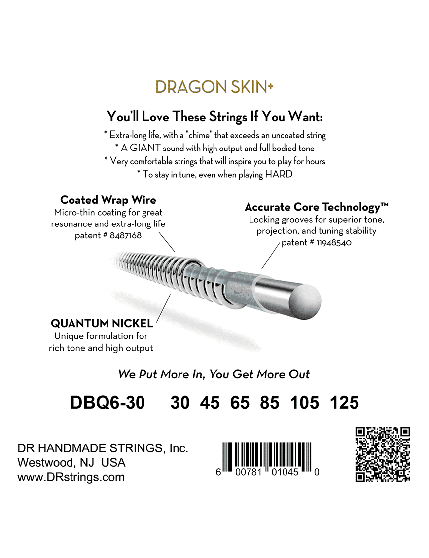 Dr Dragon Skin+™ 30-125 Cuerdas Bajo Eléctrico 6 Cuerdas Nickel Recubiertas