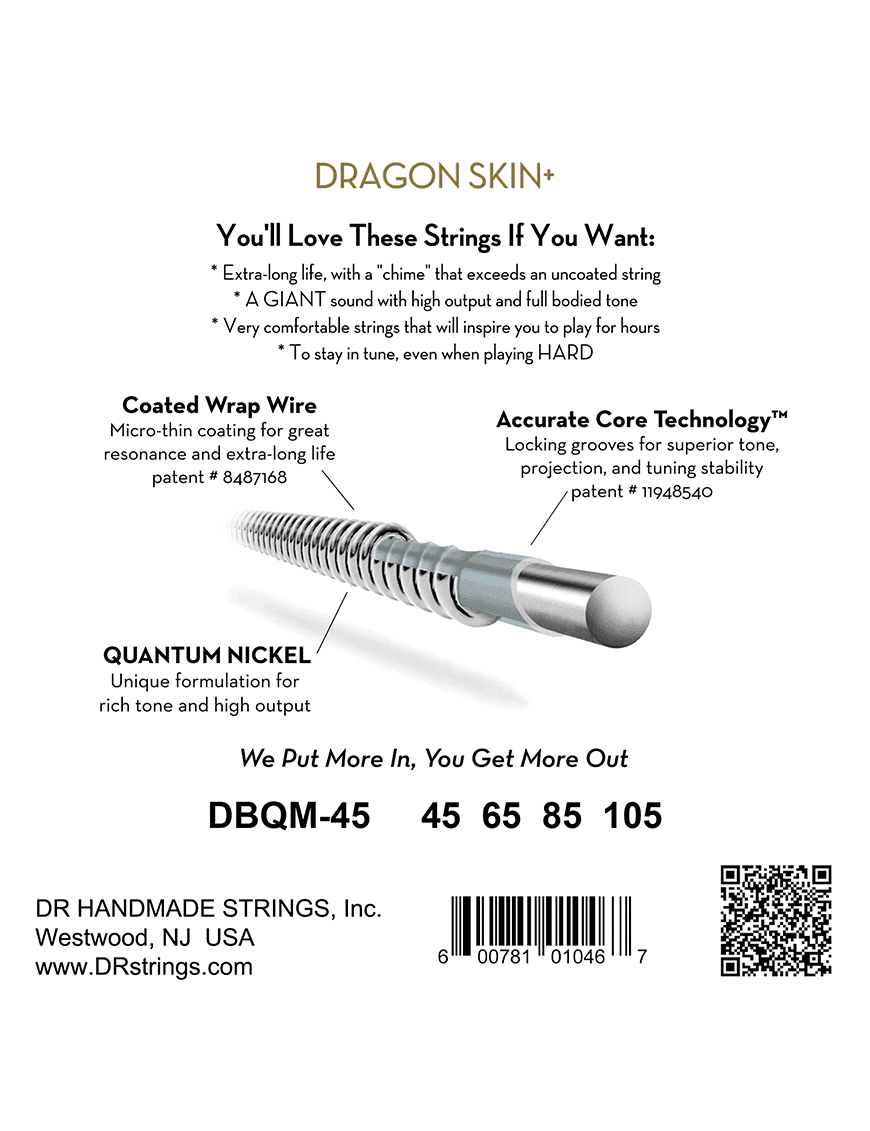 Dr Dragon Skin+™ 45-105 Multiescala Cuerdas Bajo Eléctrico Nickel Recubiertas