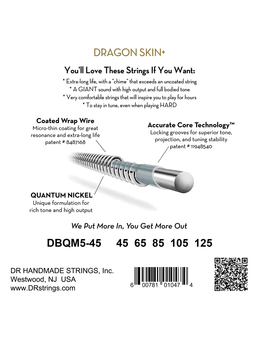Dr Dragon Skin+™ 45-125 Multiescala Cuerdas Bajo Eléctrico 5 Cuerdas Nickel Recubiertas