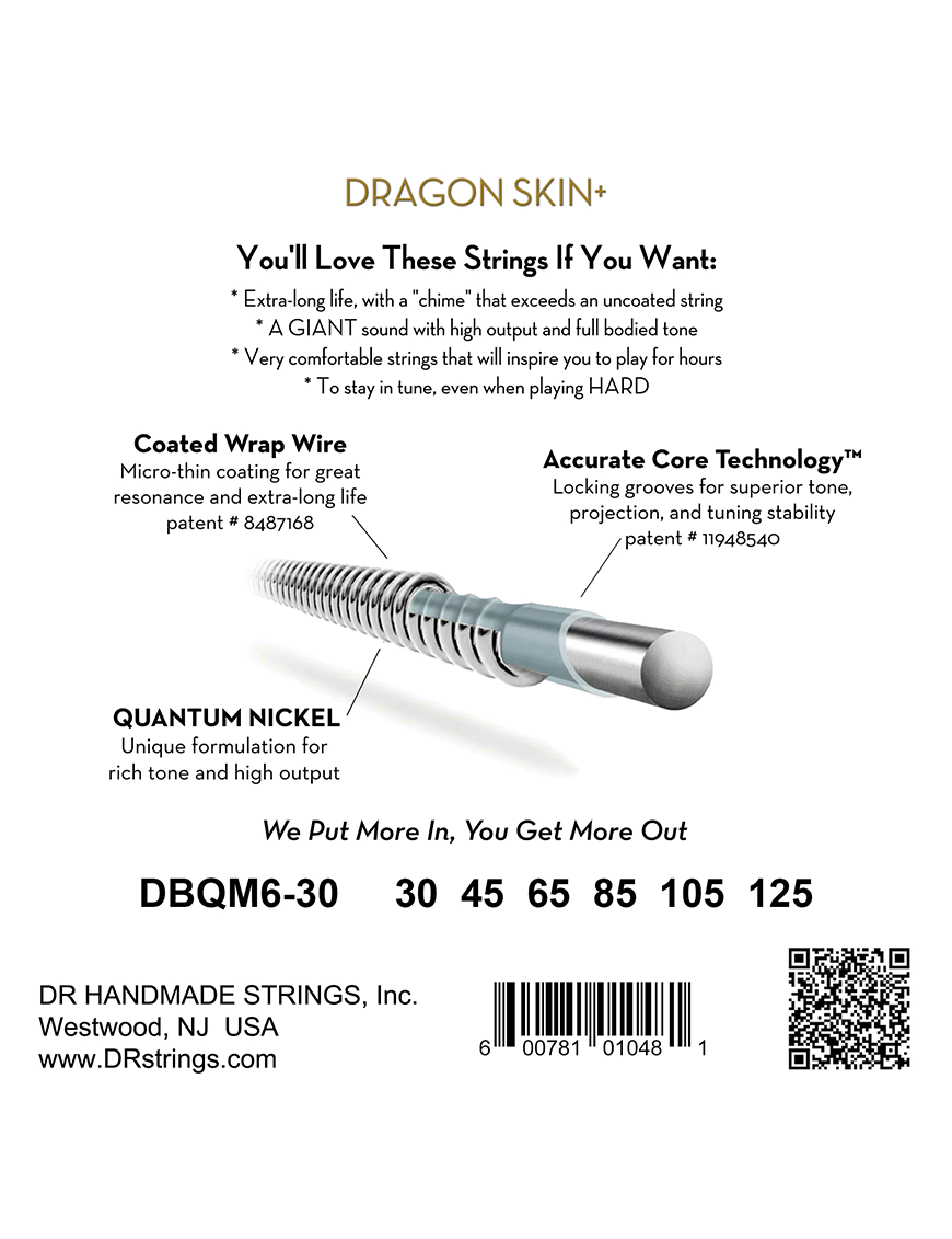 DR Dragon Skin+ 30-125 Multiescala Cuerdas Bajo Eléctrico 6 Cuerdas Nickel Recubiertas