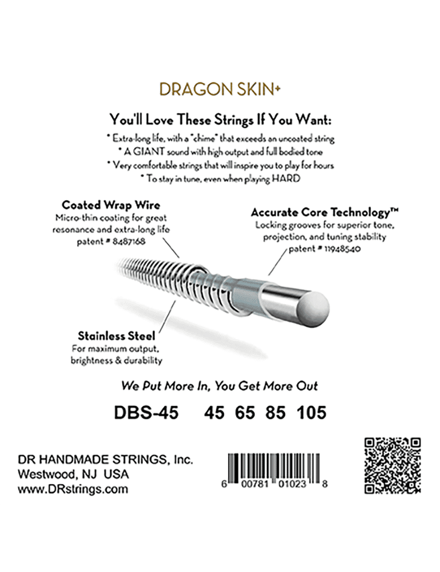 Dr Dragon Skin+™ 45-105 Cuerdas Bajo Eléctrico Acero Recubiertas