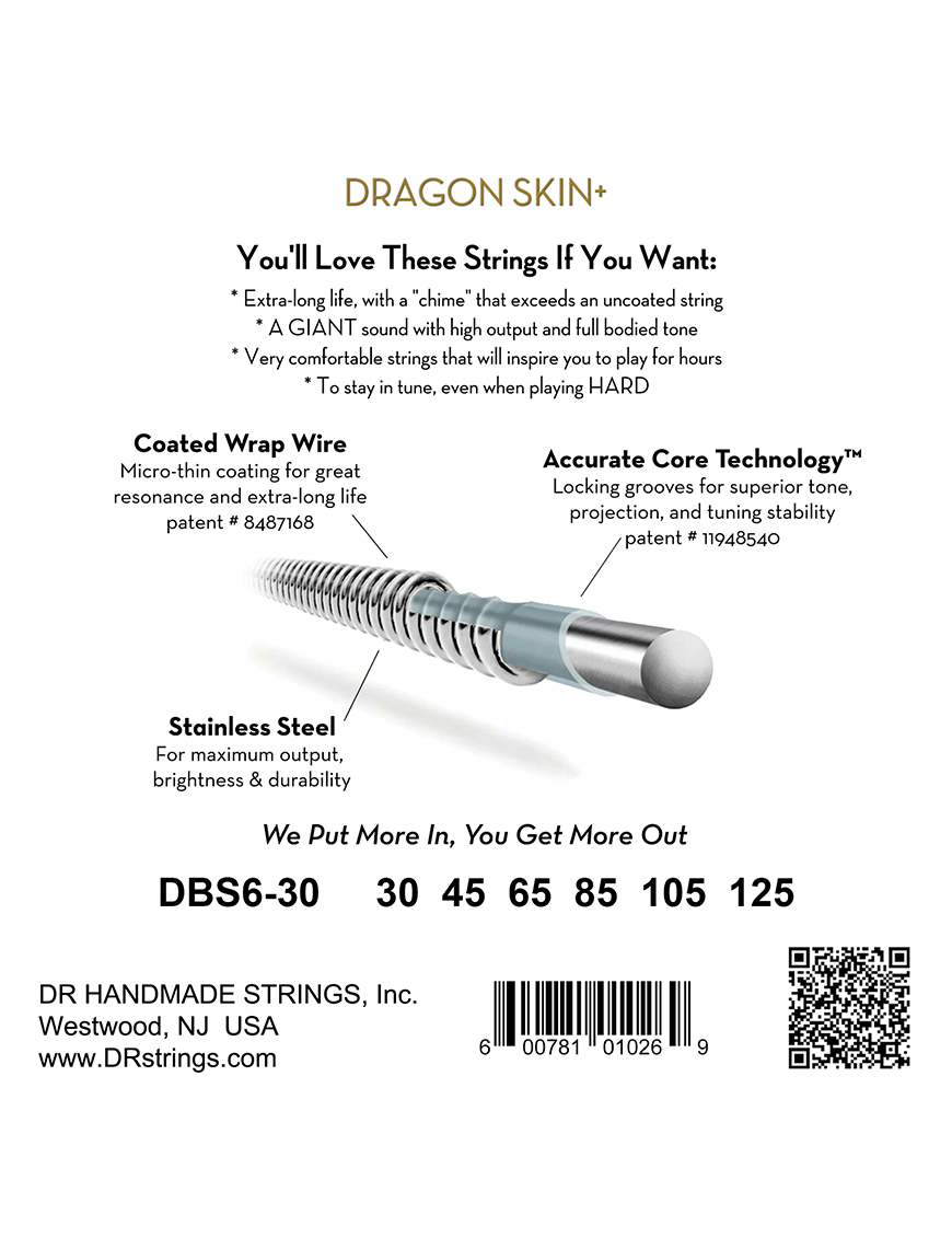 DR Dragon Skin+ 30-125 Cuerdas Bajo Eléctrico 6 Cuerdas Acero Recubiertas