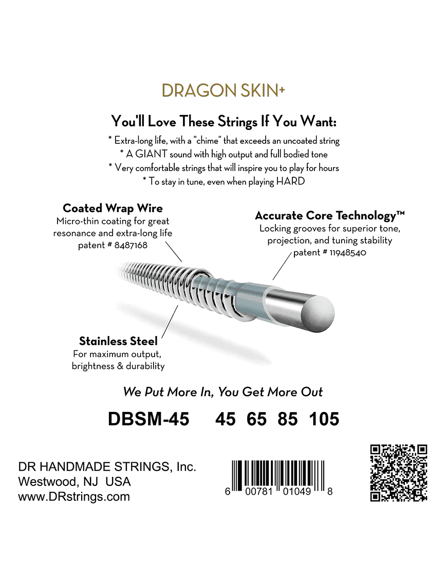 Dr Dragon Skin+™ 45-125 Multiescala Cuerdas Bajo Eléctrico 5 Cuerdas Acero Recubiertas