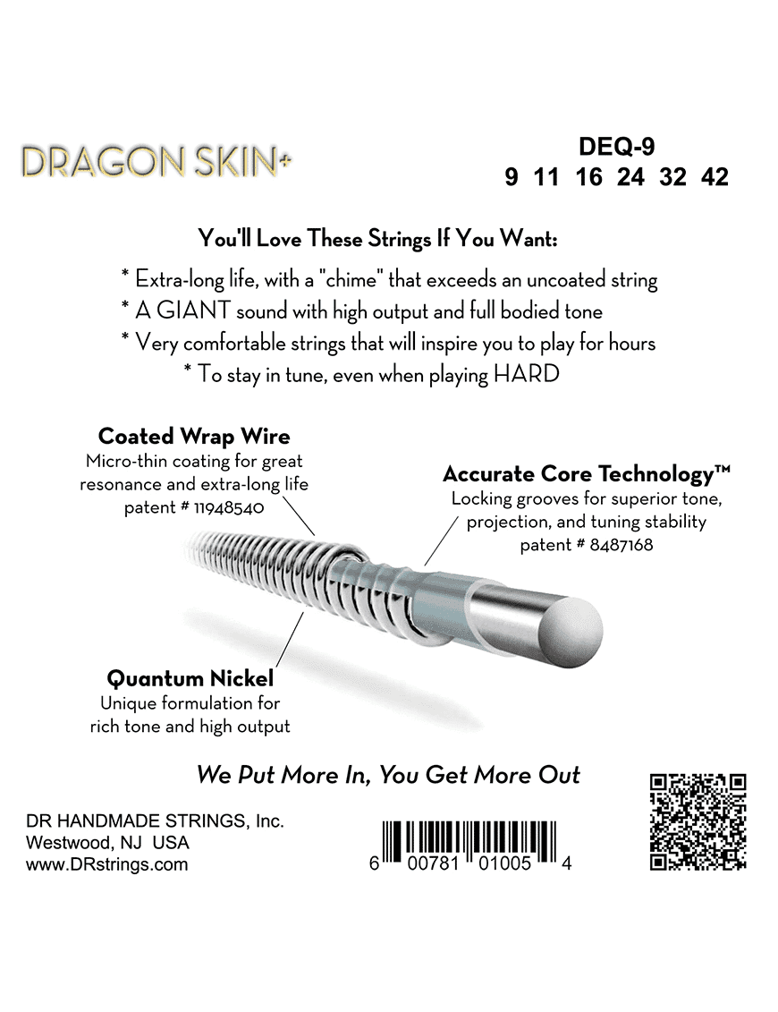 Dr Dragon Skin+™ 9-42 Cuerdas Guitarra Eléctrica Quantum Nickel Recubiertas