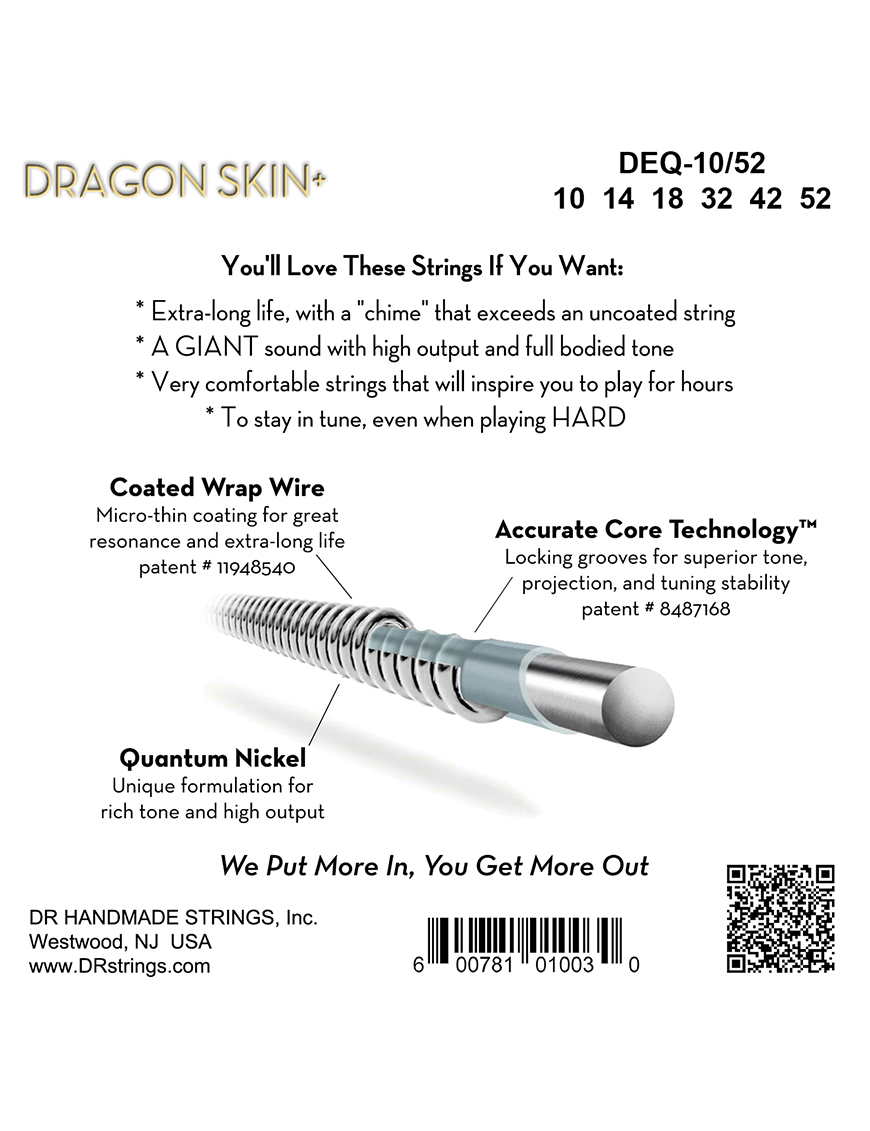 DR DRAGON SKIN+™ 10-52 Cuerdas Guitarra Eléctrica Quantum Nickel Recubiertas