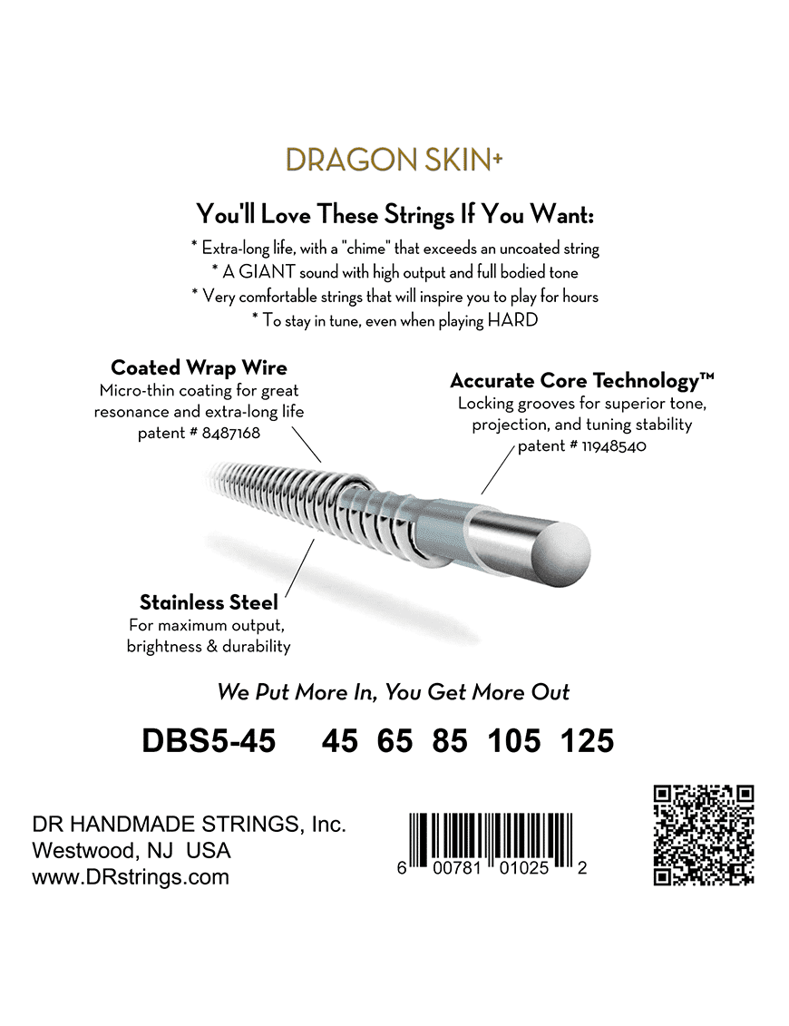 Dr Dragon Skin+™ 45-125 Cuerdas Bajo Eléctrico 5 Cuerdas Acero Recubiertas