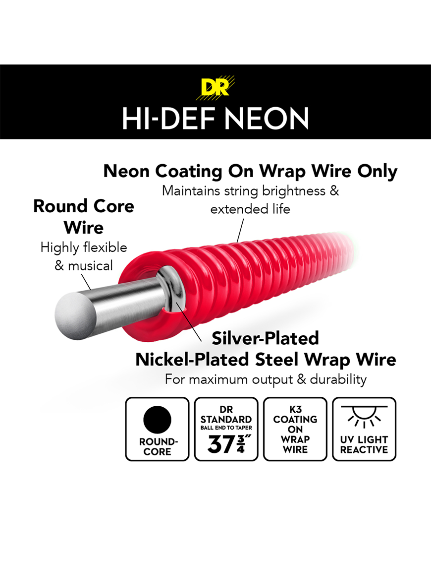 DR HI-DEF NEON Red 45-125 Cuerdas Bajo Eléctrico 5 Cuerdas Medium | Rojo