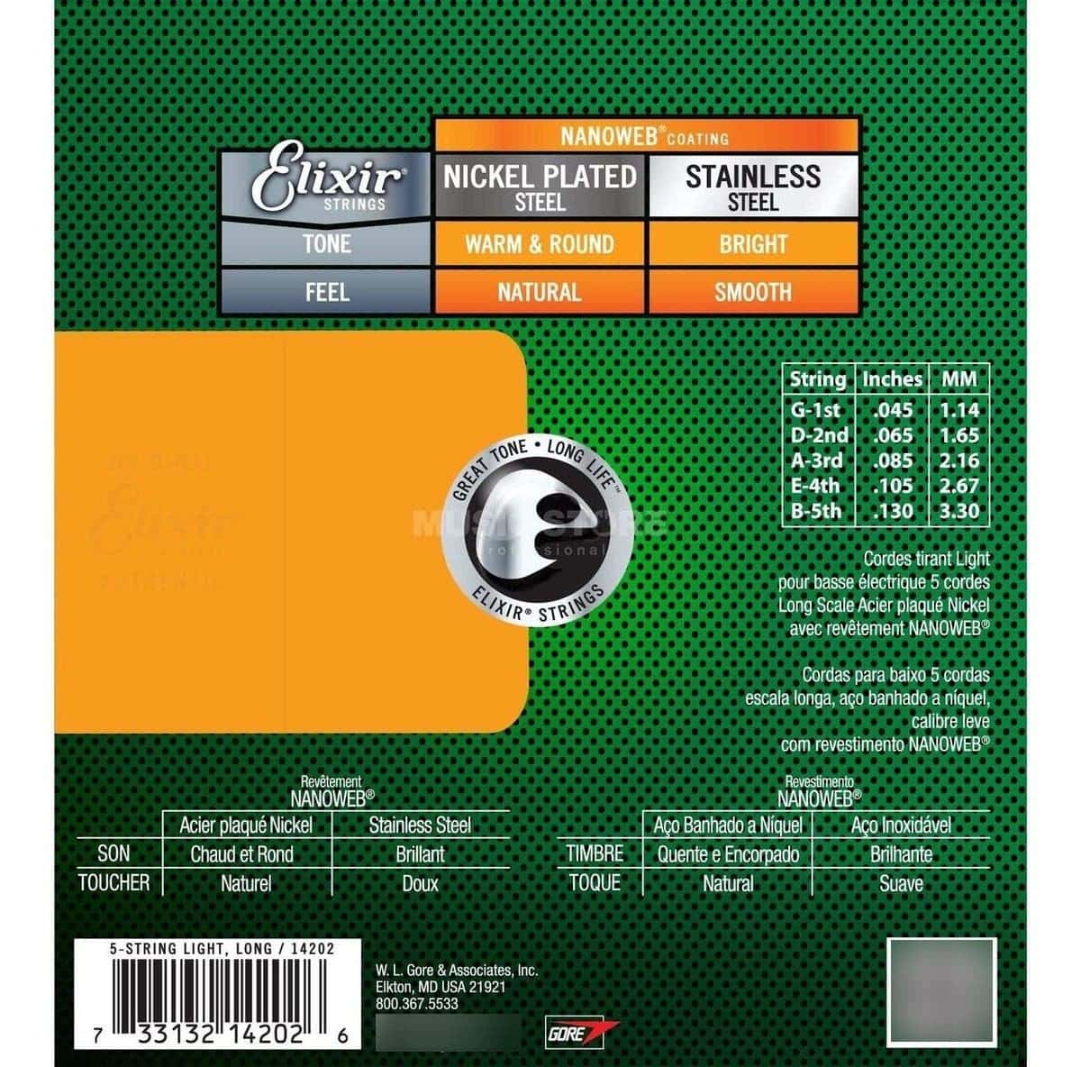 Cuerdas Bajo Eléctrico Elixir 5 Cuerdas 14202 Nanoweb 45-130