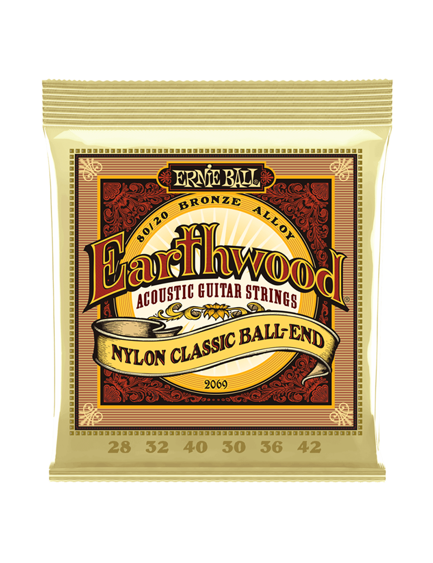 Ernie Ball® 2069 28-42 Cuerdas Guitarra Clásica Nylon EARTHWOOD Clear & Gold Ball End