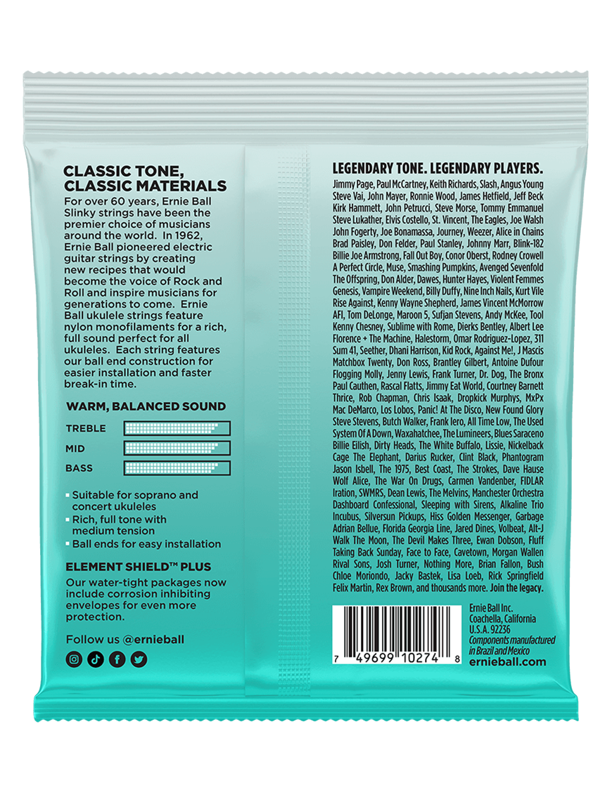 Ernie Ball® 2326 Cuerdas Ukelele Concierto Soprano Nylon Black Ball End