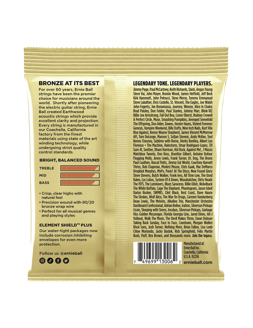 Ernie Ball® 3006 10-50 3Pack Earthwood Cuerdas Guitarra Acústica Extra Light Bronze 80/20