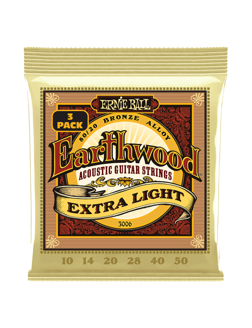 Ernie Ball® 3006 10-50 3Pack Earthwood Cuerdas Guitarra Acústica Extra Light Bronze 80/20