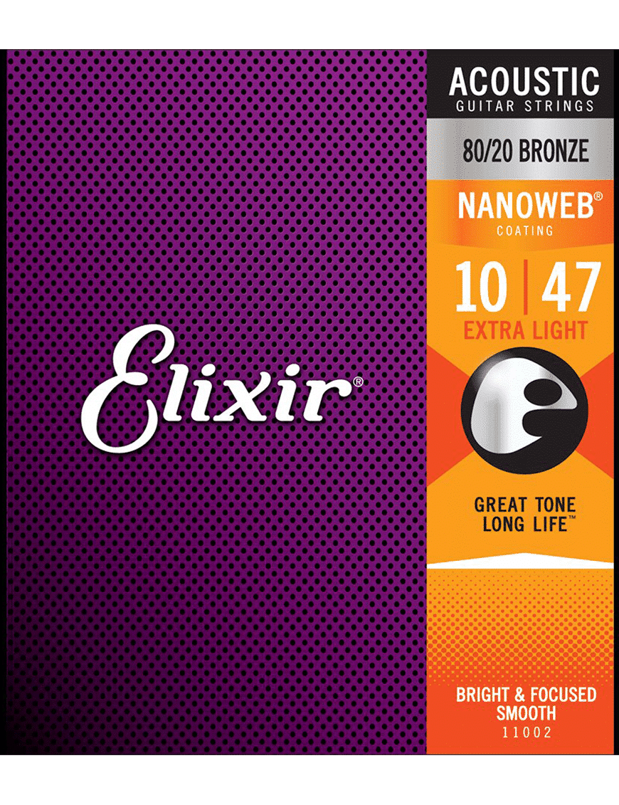 Elixir 11002 Cuerdas Guitarra Acústica Folk 6 Cuerdas Recubiertas 10-47 Extra Light Bronce 80/20 Nanoweb