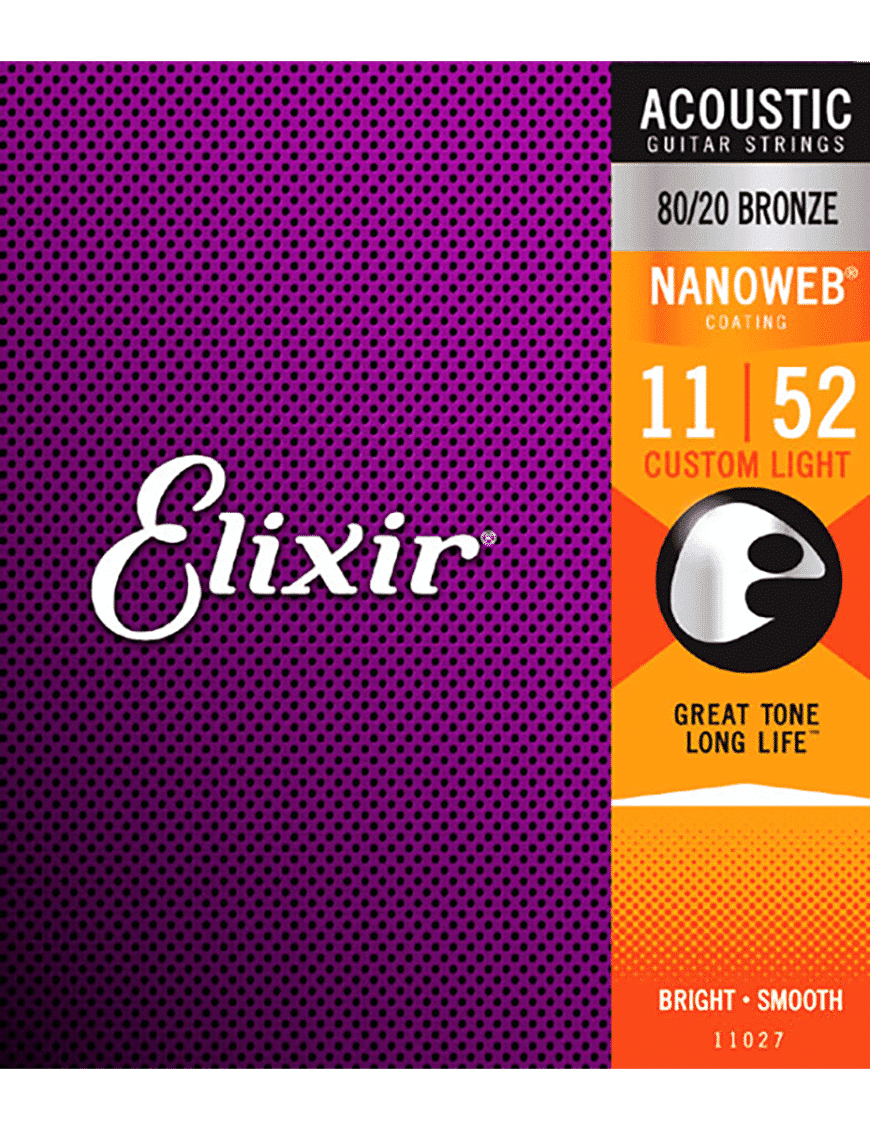 Elixir 11027 Cuerdas Guitarra Acústica Folk 6 Cuerdas Recubiertas 11-52 Custom Light Bronce 80/20 Nanoweb