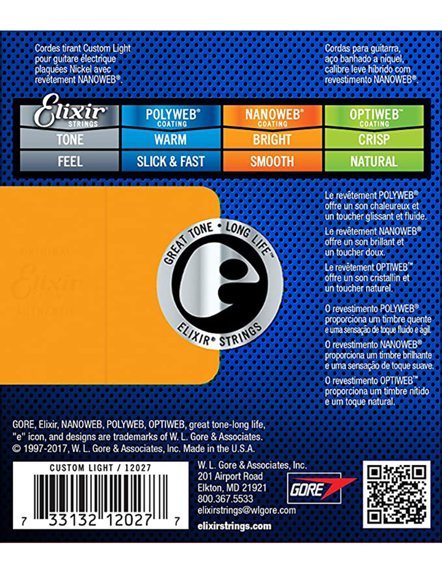 Elixir® 12027 9-46 NANOWEB® Cuerdas Guitarra Eléctrica Recubiertas Custom Light Nickel Plated Steel