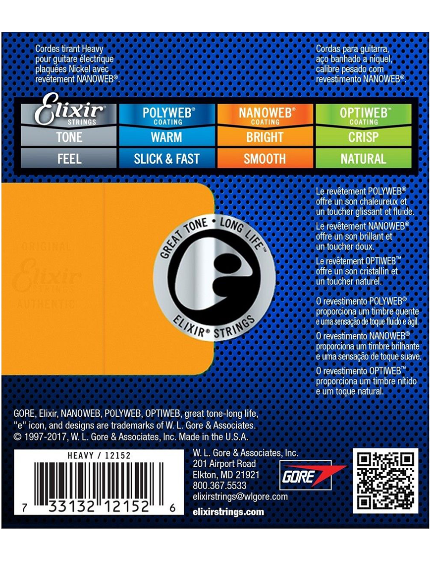 Elixir® 12152 12-52 NANOWEB® Cuerdas Guitarra Eléctrica Recubiertas Heavy Nickel Plated Steel