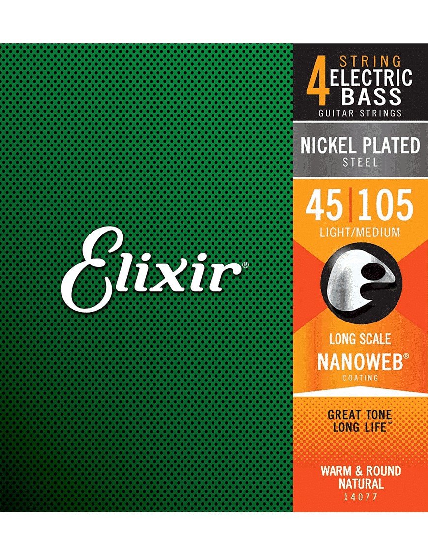 Elixir 14077 Cuerdas Bajo Eléctrico 4 Cuerdas 45-105 Light Medium Nickel Plated Steel Nanoweb