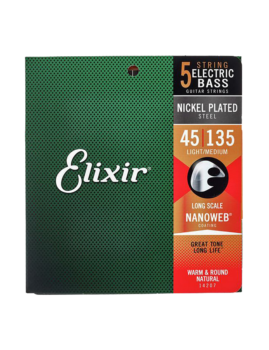 Elixir® 14207 45-135 NANOWEB® Cuerdas Bajo Eléctrico 5 Cuerdas Recubiertas Light Medium Nickel Plated Steel