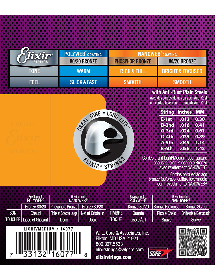 Elixir® 16077 12-56 NANOWEB® Cuerdas Guitarra Acústica Recubiertas Med Light Phosphor Bronze