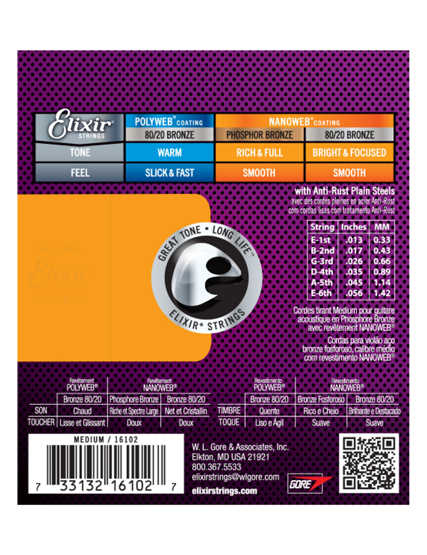 Elixir® 16102 13-56 NANOWEB® Cuerdas Guitarra Acústica Recubiertas Medium Phosphor Bronze
