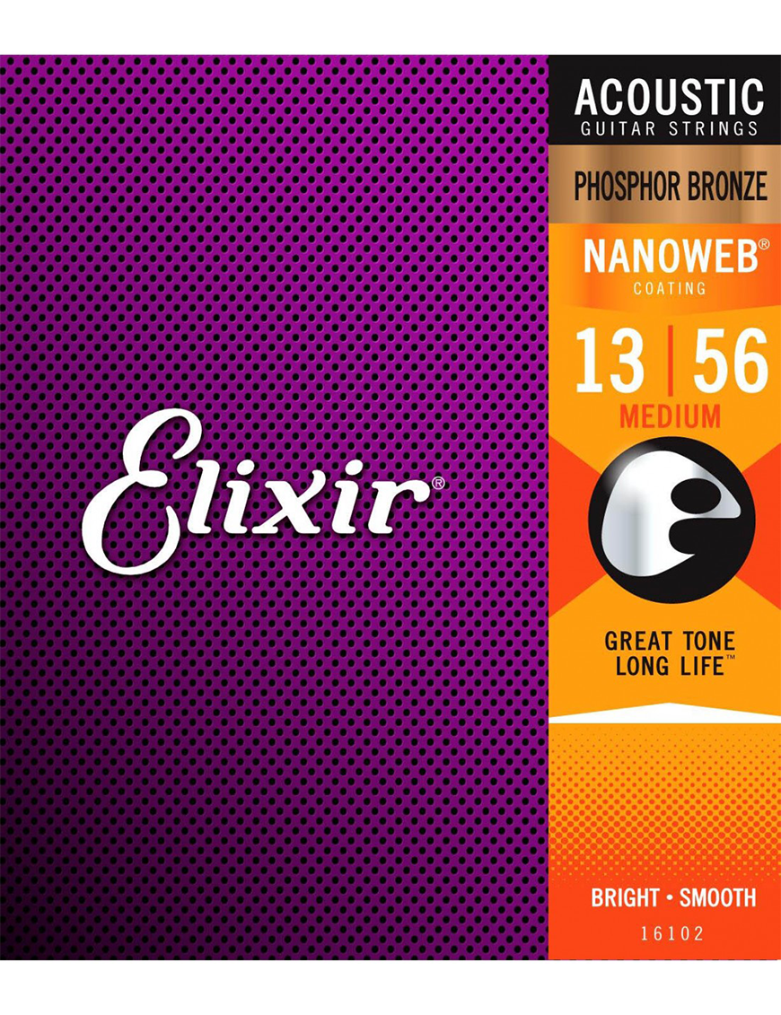 Elixir® 16102 13-56 NANOWEB® Cuerdas Guitarra Acústica Recubiertas Medium Phosphor Bronze