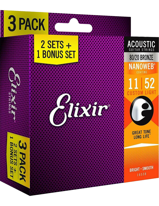 Elixir® 16538 11-52 NANOWEB® 3Pack Cuerdas Guitarra Acústica Recubiertas Custom Light 80/20 Bronze