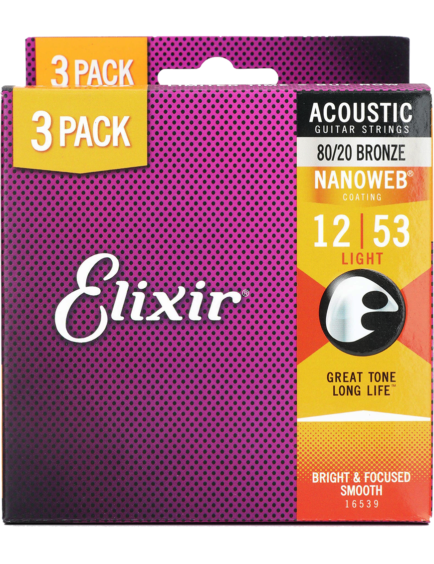 Elixir® 16539 12-53 NANOWEB® 3Pack Cuerdas Guitarra Acústica Recubiertas Light Bronze 80/20