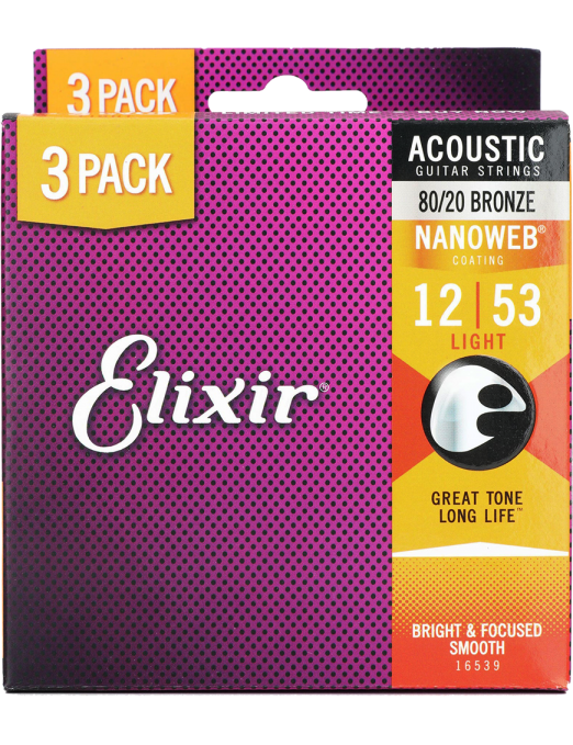 Elixir® 16539 12-53 NANOWEB® 3Pack Cuerdas Guitarra Acústica Recubiertas Light Bronze 80/20