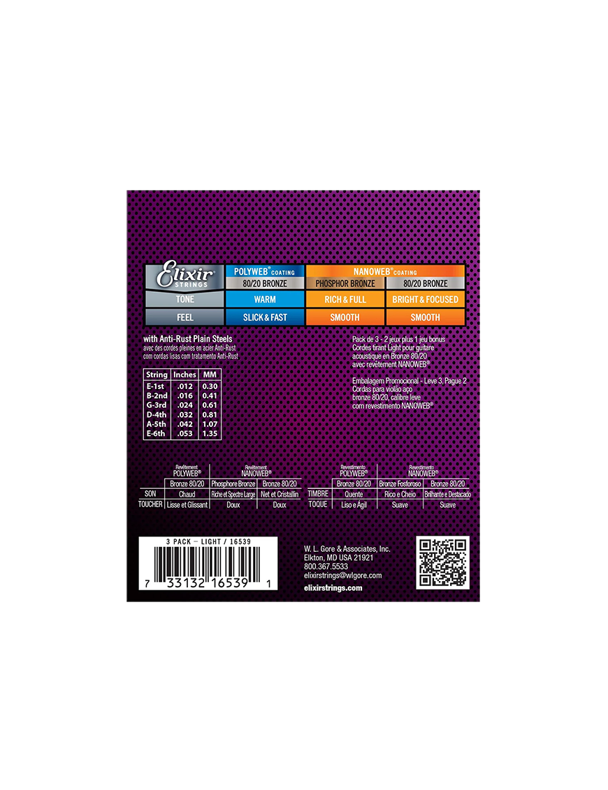 Elixir® 16539 12-53 NANOWEB® 3Pack Cuerdas Guitarra Acústica Recubiertas Light Bronze 80/20