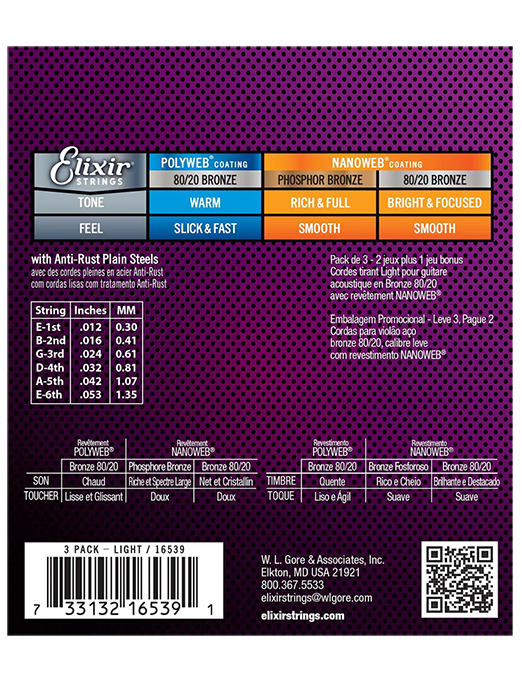 Elixir® 16539 12-53 NANOWEB® 3Pack Cuerdas Guitarra Acústica Recubiertas Light Bronze 80/20