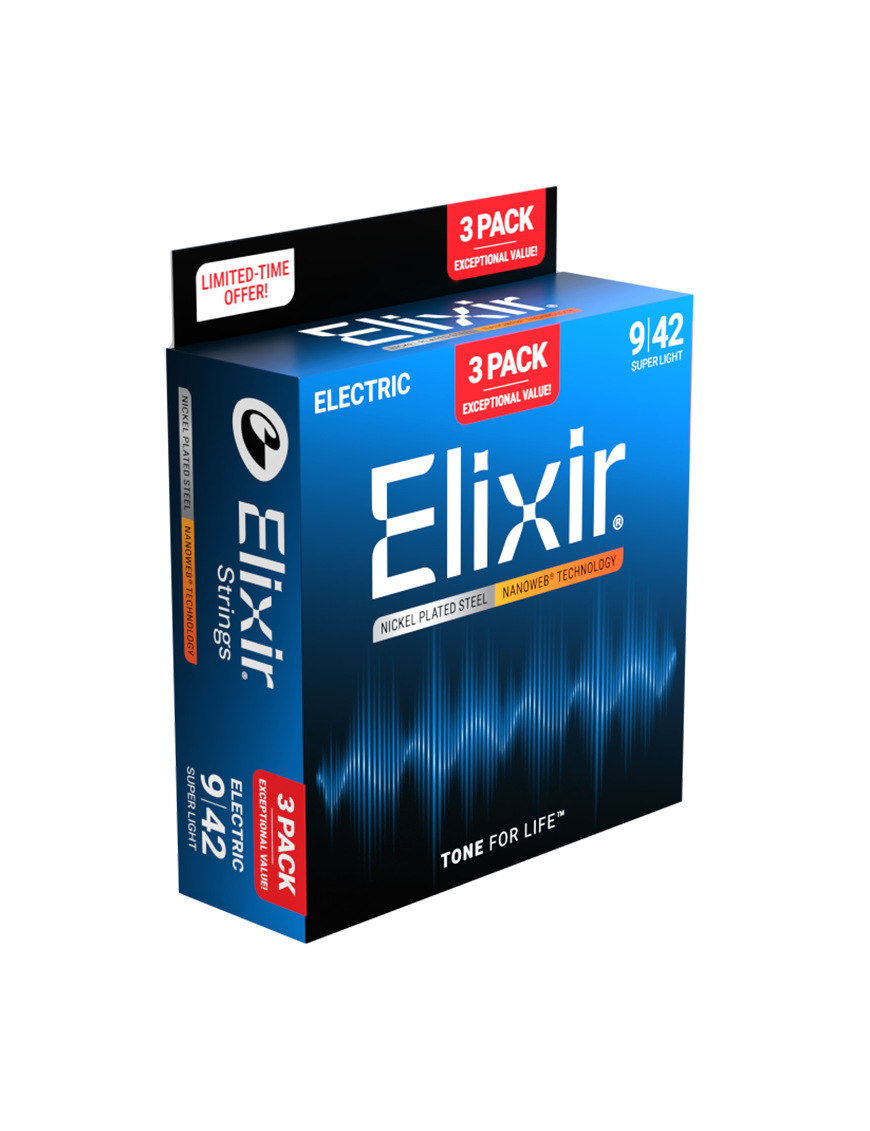 Elixir® 16566 9-42 NANOWEB® 3Pack Cuerdas Guitarra Eléctrica Recubiertas Super Light