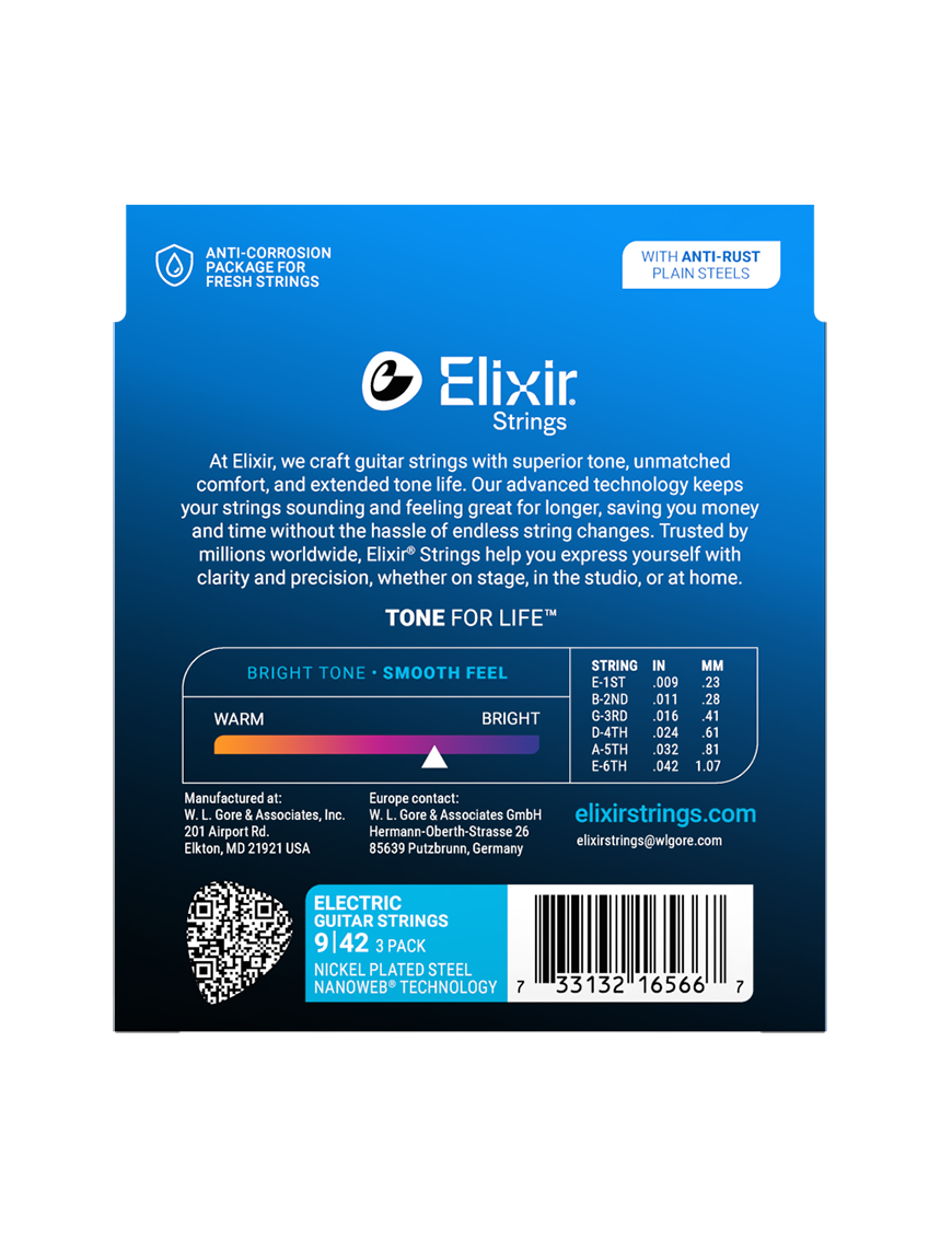 Elixir® 16566 9-42 NANOWEB® 3Pack Cuerdas Guitarra Eléctrica Recubiertas Super Light