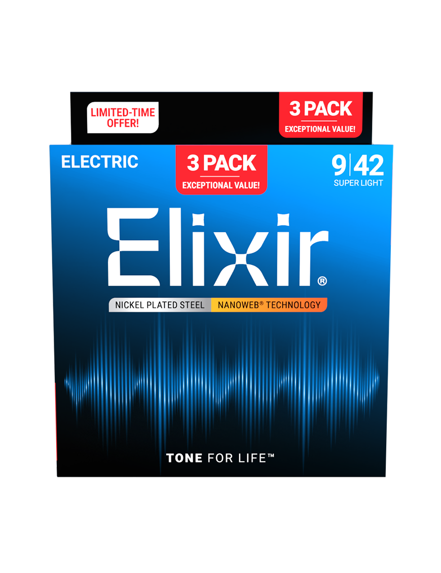Elixir® 16566 9-42 NANOWEB® 3Pack Cuerdas Guitarra Eléctrica Recubiertas Super Light