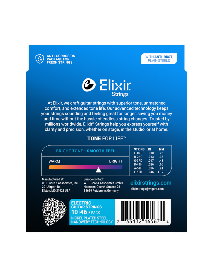 Elixir® 16567 10-46 NANOWEB® 3Pack Cuerdas Guitarra Eléctrica Recubierta Light