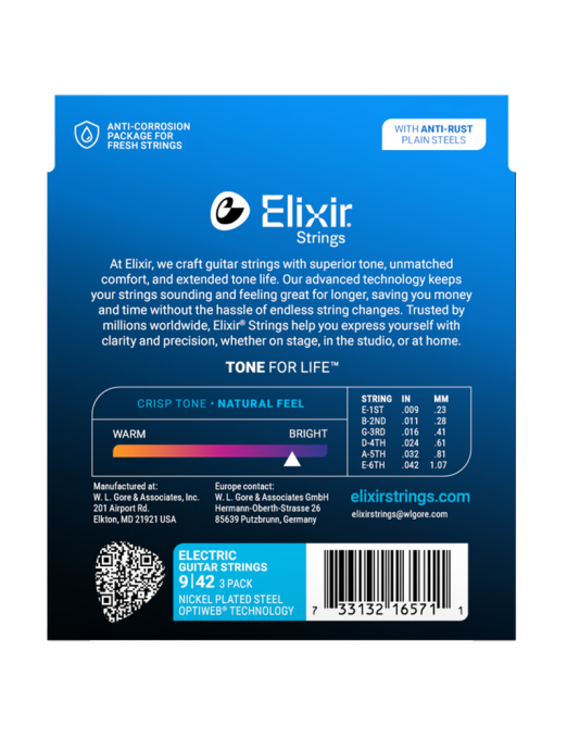 Elixir® 16571 9-42 OPTIWEB® 3Pack Cuerdas Guitarra Eléctrica Recubiertas Super Light Nickel Plated Steel