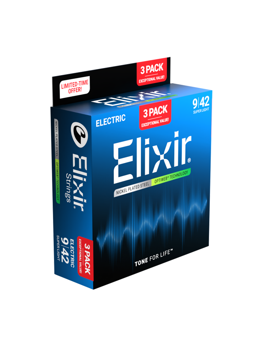 Elixir® 16571 9-42 OPTIWEB® 3Pack Cuerdas Guitarra Eléctrica Recubiertas Super Light Nickel Plated Steel