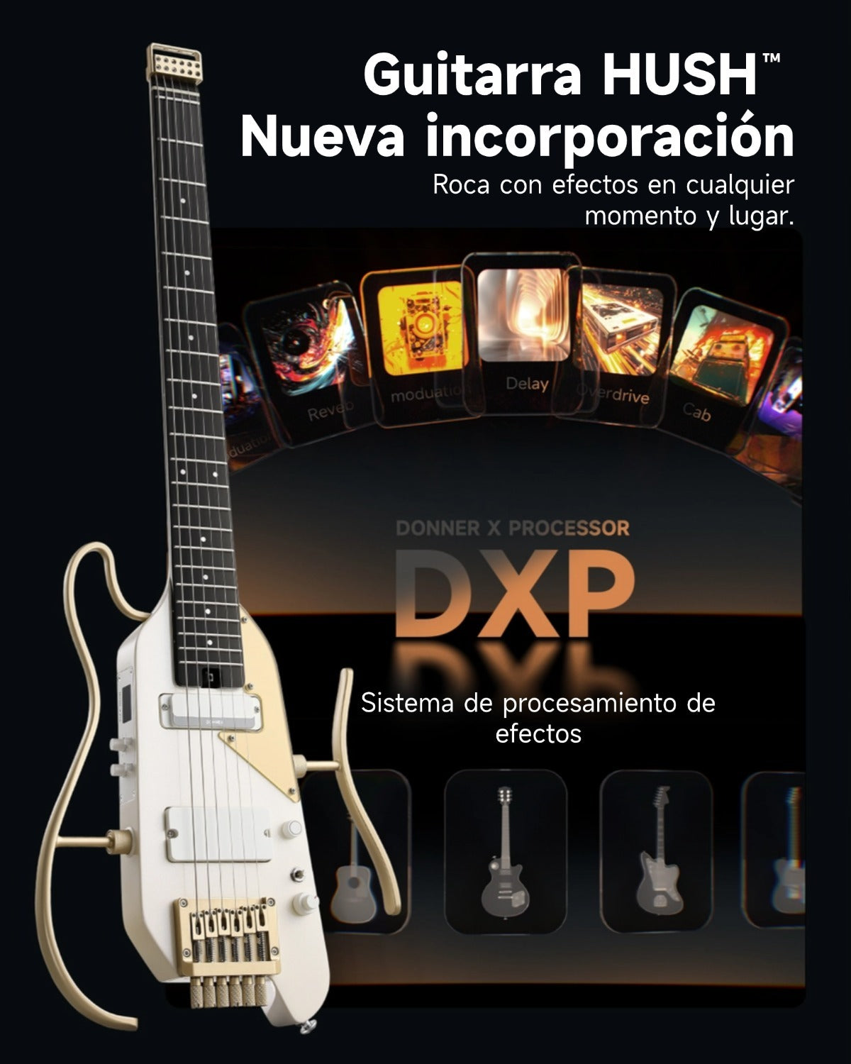 Donner HUSH X PRO Guitarra eléctrica de viaje White-Luxe