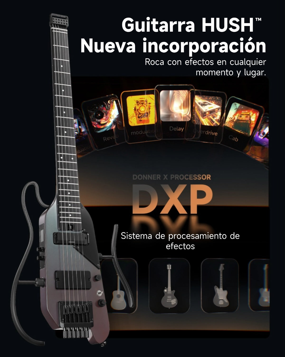 Donner HUSH X PRO Guitarra eléctrica de viaje Midnight Glow