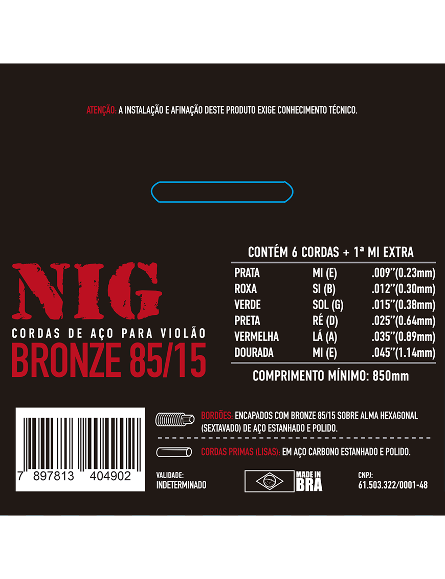 NIG® N-490 9-45 Cuerdas Guitarra Acústica 85/15 Bronze Extra: 1 Cuerda (1ra) y 1 Uñeta