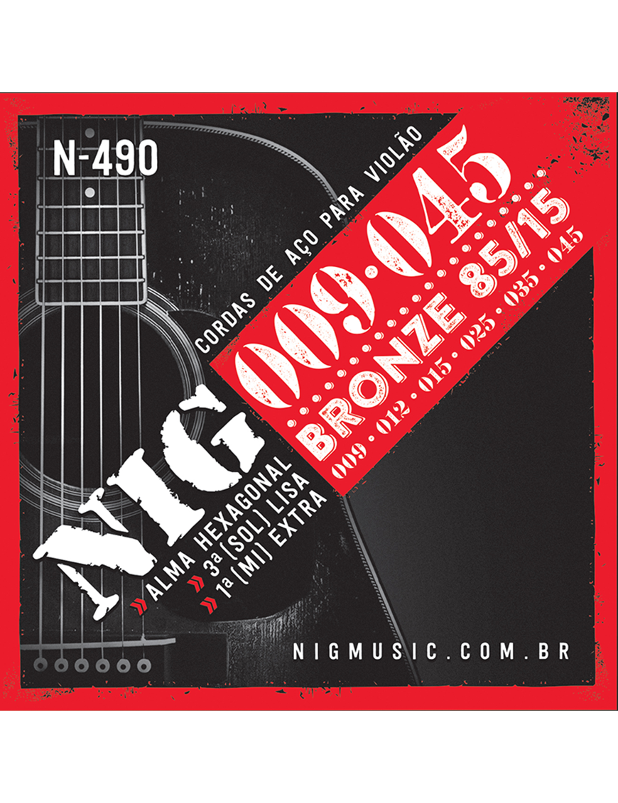 NIG® N-490 9-45 Cuerdas Guitarra Acústica 85/15 Bronze Extra: 1 Cuerda (1ra) y 1 Uñeta
