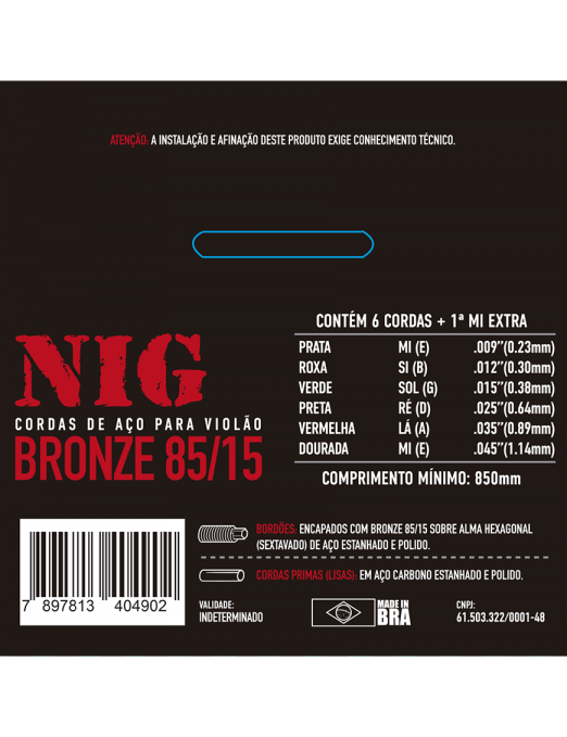 NIG® N-490 9-45 Cuerdas Guitarra Acústica 85/15 Bronze Extra: 1 Cuerda (1ra) y 1 Uñeta