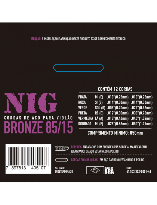 NIG® N-510 10-50 Cuerdas Guitarra Acústica 12 Cuerdas 85/15 Bronze